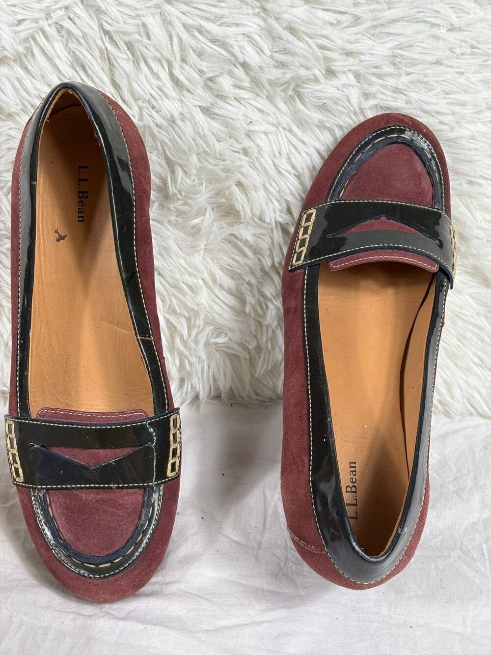 VTG LL Bean Wedge Shoes Womens Size 8.5 Purple Suede Patent Leather Brazil Made